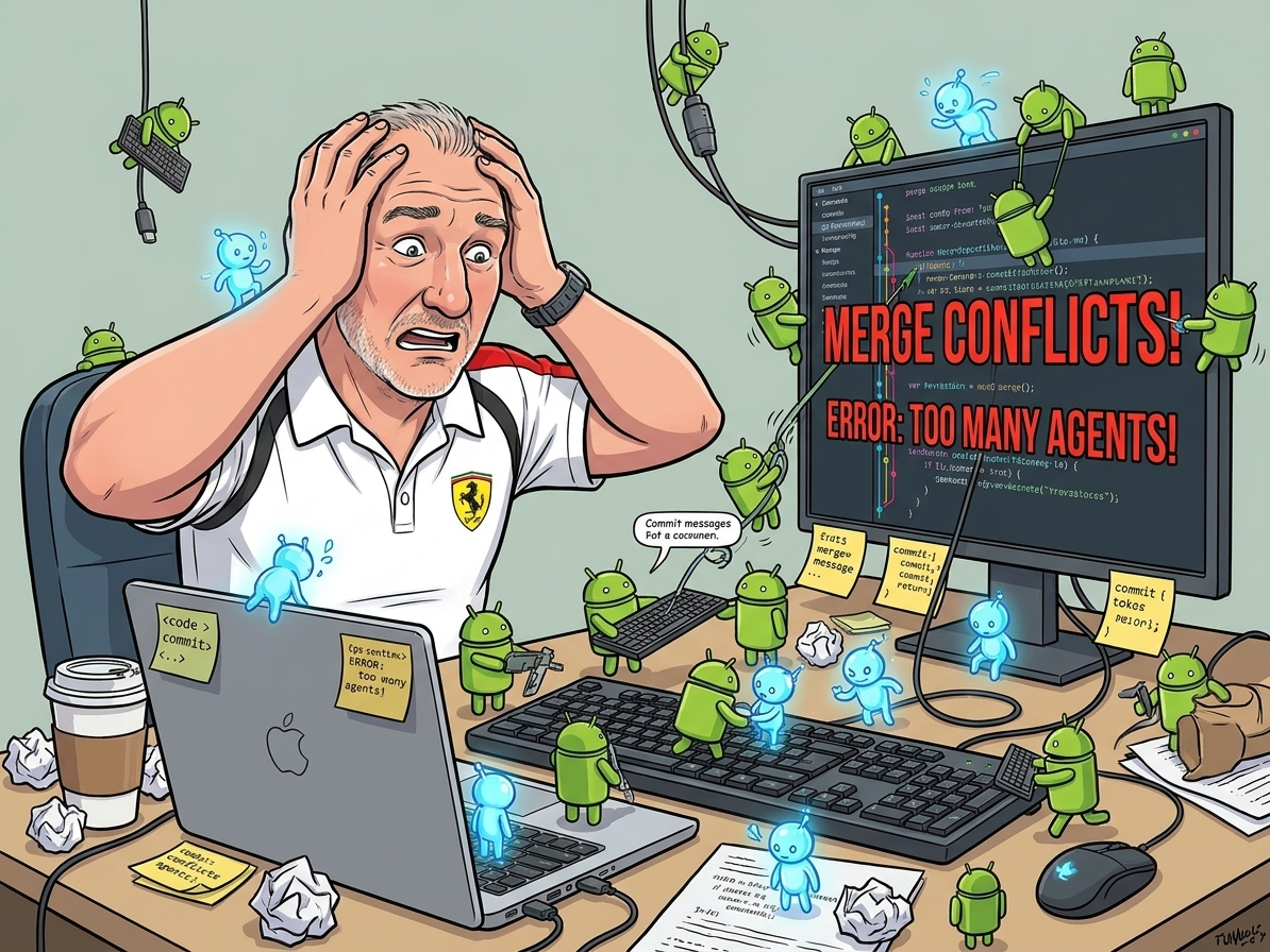 Too many coding subagents making a mess of a single branch without git worktree isolation (an AI-generated illustration of the 'too many cooks in the kitchen' metaphor applied to git merges).