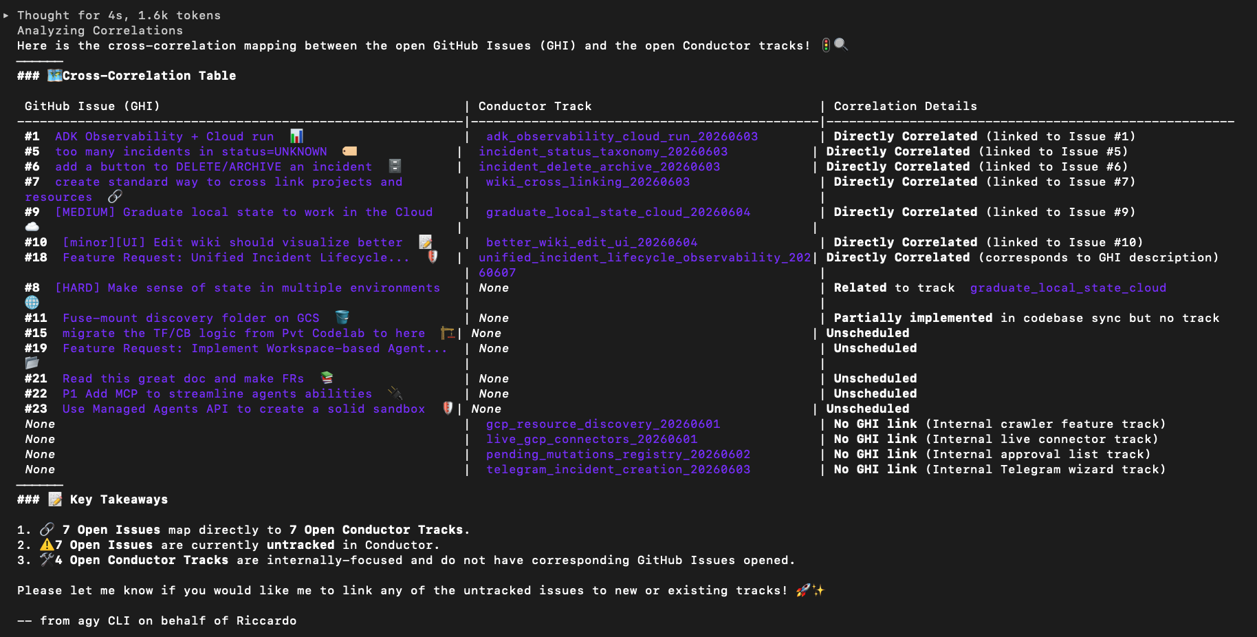 Antigravity UI thread tracker showing active tracks in progress.