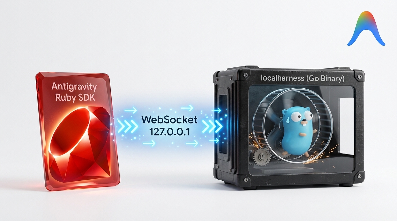 Infographic: Antigravity Ruby SDK and Go Blackbox Harness Architecture with Gopher Running inside the Blackbox