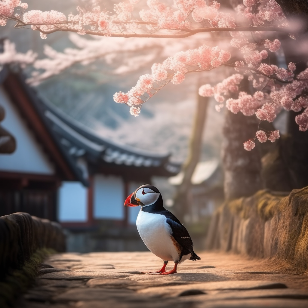 PalladiusFigata_a_puffin_walking_in_an_ancient_Japanese_town_mi_1b0ec3d7-168f-41ba-a537-cd26141f995a