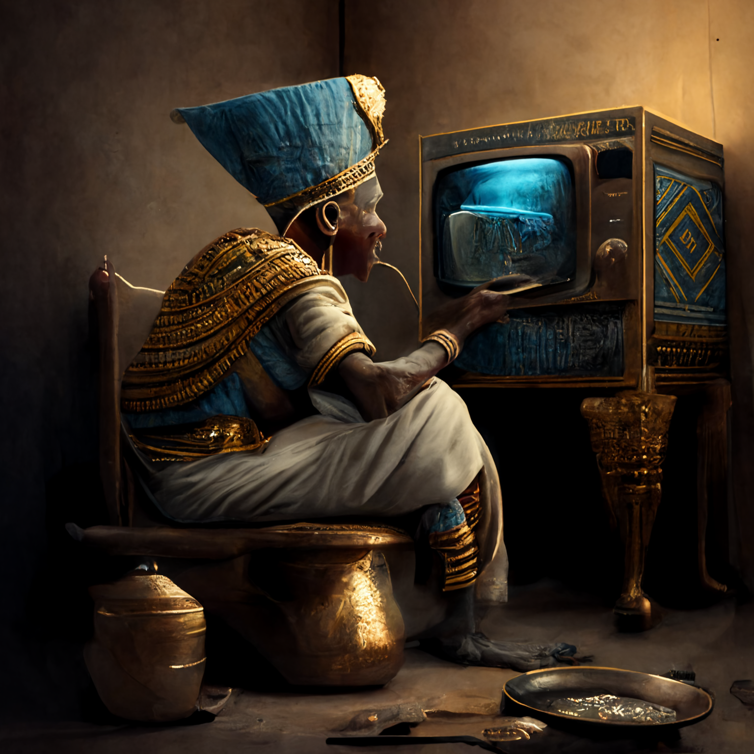 PalladiusPacans_Tutankhamen_washes_his_teeth_while_watching_TV__61a96f9d-22b5-4628-abd2-3ed72d97e871