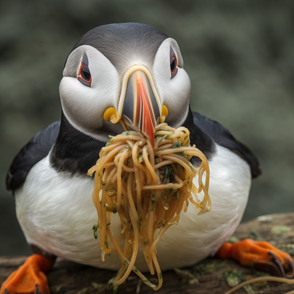 PalladiusPacans_a_puffin_eating_spaghetti_al_pesto_e71089ff-00b4-4bba-ad15-a04f284d5d27