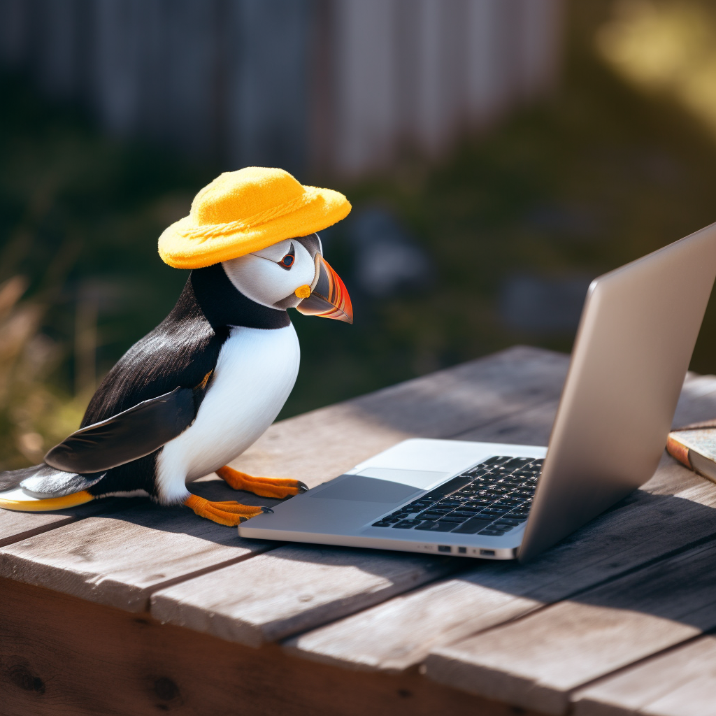 PalladiusPacans_a_puffin_with_yellow_hat_typing_on_his_Macbook__51a145b4-4ef0-4ccc-85fa-0c29f503b4e0