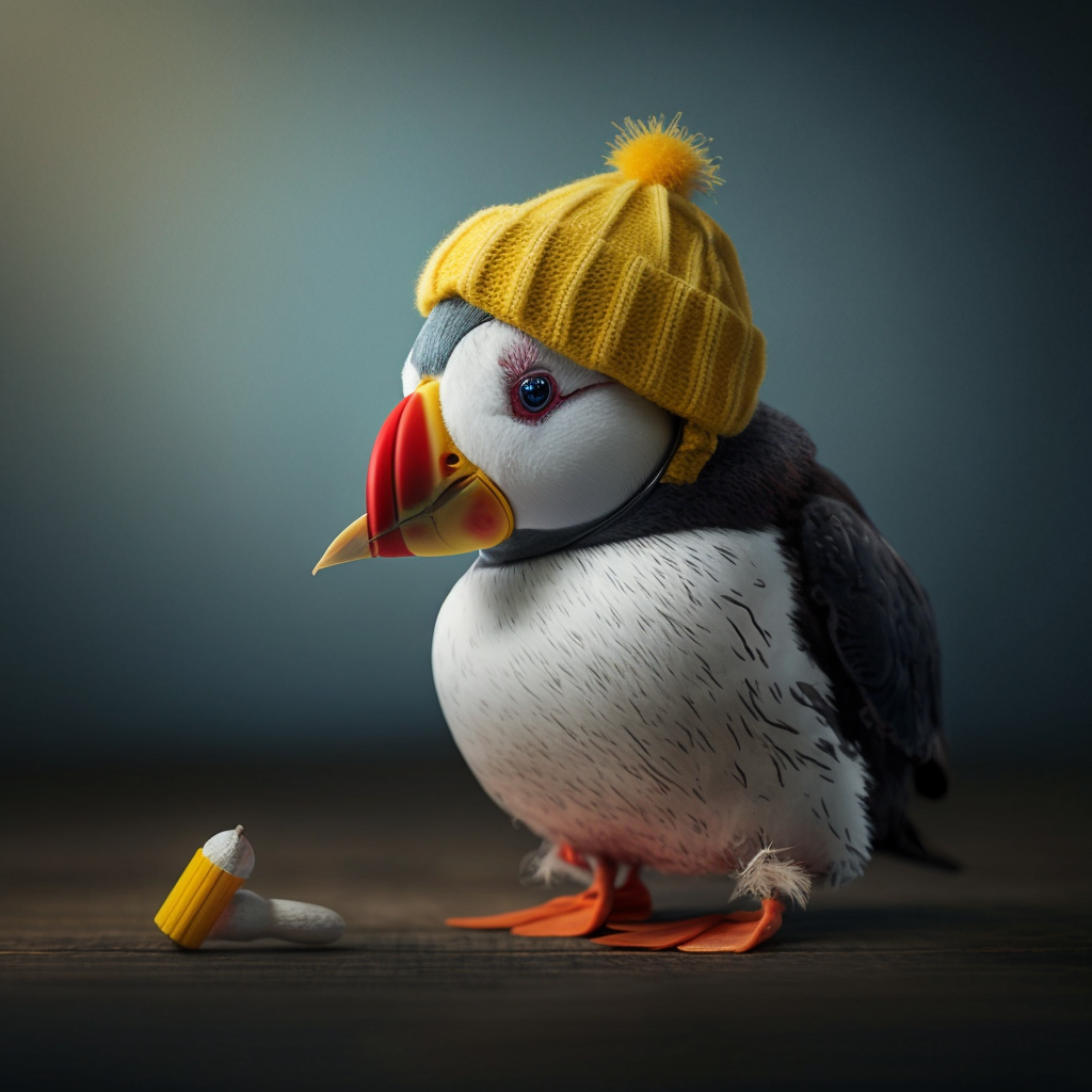 PalladiusPacans_a_sad_puffin_with_yellow_hat_and_a_wounded_beak_f631a9a4-fe7e-498b-b3dd-3000be999ddc